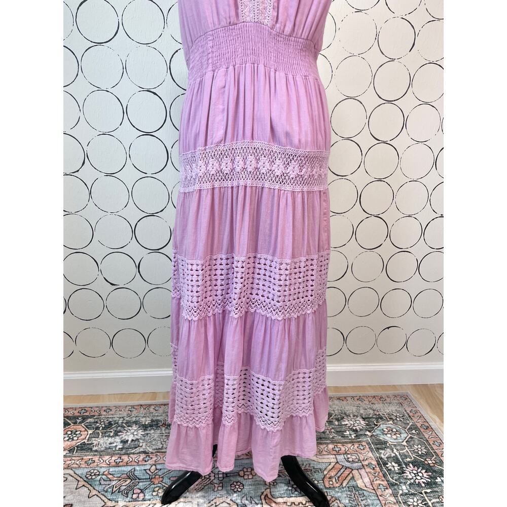 Crochet Tiered Maxi Dress Womens L Pink Purple Cottage Boho Romantic Cotton - Picture 11 of 15